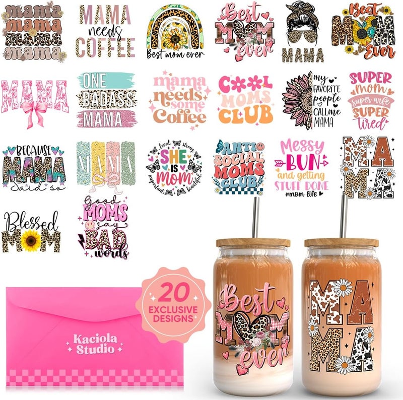 KACIOLA STUDIO Mama UV DTF Cup Wraps for 16 oz-20 Sheets Mom Theme Cup Wraps, Mama Club UV DTF Decals Waterproof Rub on Transfer Stickers for DIY Mug Glasses - Image 1